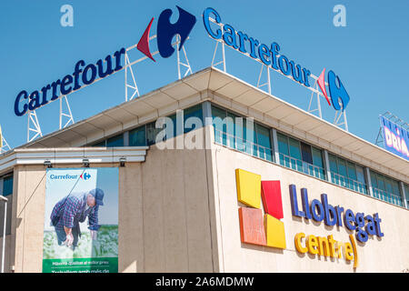 Barcelona Spanien, Katalonien Cornella de Llobregat, Carrefour, Supermarkt, Lebensmittelgeschäft, Dachschild, Außenansicht, Hispanic, Eurozone, ES190904025 Stockfoto