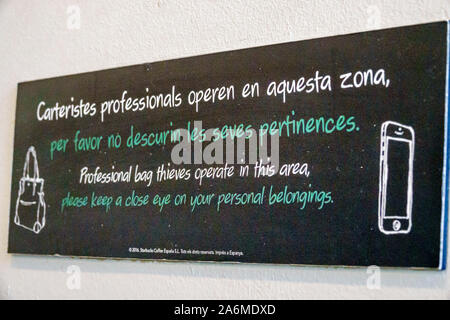 Barcelona Spanien, Catalonia Plaza de Francesc Macia, Starbucks, Café-Café, Kaffeehaus, handwerklicher Kaffee, Warnschild, persönliche Sicherheit, professionell Stockfoto