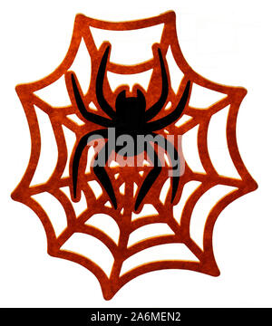 Schwarze Spinne auf Rot web auf weißem Hintergrund Stockfoto
