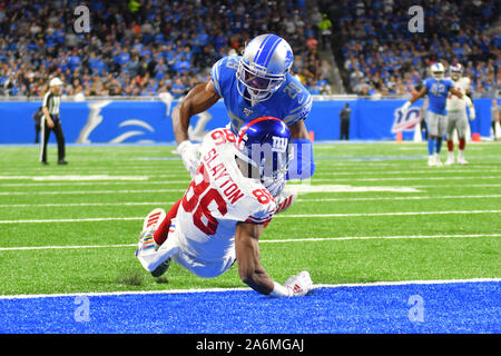 Detroit, USA. 27 Okt, 2019. New York Giants WR Darius Slayton (86) fängt einen Pass für einen Touchdown über Detroit Lions CB Rashaan Melvin (29) Während der NFL Spiel zwischen den New York Giants und Detroit Lions am 27. Oktober 2019 im Ford Field in Detroit, MI (Foto von Allan Dranberg/Cal Sport Media) Credit: Cal Sport Media/Alamy leben Nachrichten Stockfoto