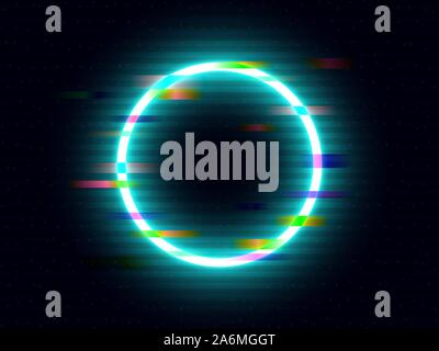 Glitch neon Kreis mit Farbe Verzerrungen. Beleuchtete rundes Element. Futuristische helle Ring mit geometrischen Formen. Glitched Kreis mit VHS retro eff Stock Vektor
