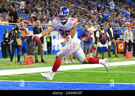 Detroit, USA. 27 Okt, 2019. New York Giants RB Saquon Barkley (26) erreicht die Kugel über der Ziellinie, als er zählt einen Touchdown während NFL Spiel zwischen den New York Giants und Detroit Lions am 27. Oktober 2019 im Ford Field in Detroit, MI (Foto von Allan Dranberg/Cal Sport Media) Credit: Cal Sport Media/Alamy leben Nachrichten Stockfoto