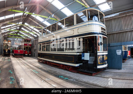 Straßenbahn Halle Depot, die nationalen Tramway Museum im Dorf, crich Crich Straßenbahn, Derbyshire Stockfoto