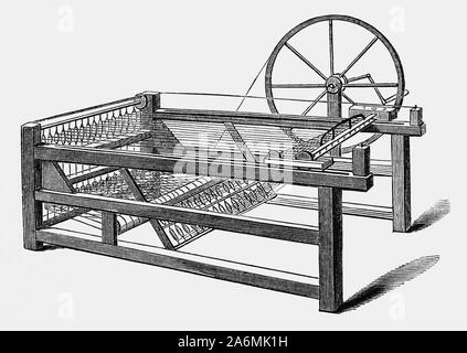 Die Spinning Jenny ist ein multi-Spindel spinnen Rahmen, im Jahre 1764 von James Hargreaves in Lancashire, England erfunden. Es war eine der wichtigsten Entwicklungen in der Industrialisierung der Weberei während der frühen Industriellen Revolution. Das Gerät reduzierte die Anzahl der notwendigen Arbeiten Tuch zu produzieren, mit einem Arbeiter in der Lage, acht oder mehr Spulen gleichzeitig zu arbeiten. Dieser wuchs auf 120 als fortschrittliche Technologie. Das Garn hergestellt wurde nicht sehr stark, bis Richard Arkwright der Wasser-angetriebene Wasser Rahmen, die Garne härter und stärker als das der erste Spinning Jenny Starten des Factory System produziert werden erfunden. Stockfoto