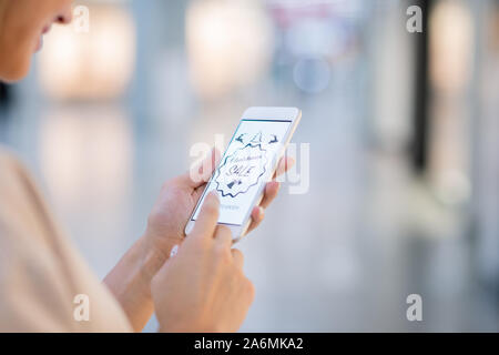 Die Hände der jungen Frau mit Smartphone und Scrollen durch online shop Stockfoto