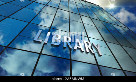 Bibliothek auf Glashochhaus. Himmel und Sonne spiegelt sich in der Fassade. Öffentliche Bücherregal, Bildung und Wissen Konzept in 3D Rendering illustrati Stockfoto