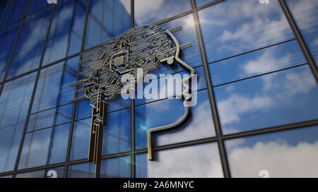 AI Kopf Symbol auf Gebäude aus Glas. Gespiegelter Himmel und Stadt auf moderne Fassade. Künstliche Intelligenz und kybernetische brain Center Konzept 3D Rendering krank Stockfoto