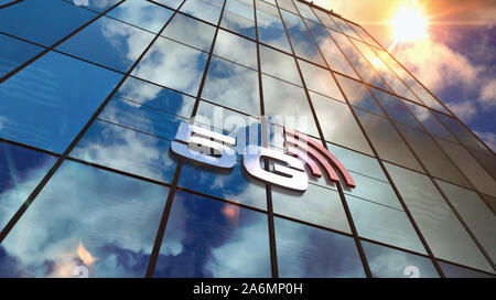 5G anmelden Glashochhaus. Zeitraffer Himmel und Sonne spiegelt sich in der Fassade. Mobile Kommunikation, Netzwerk und Iot-Zentrum Konzept in 3D-rende Stockfoto