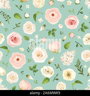 Vektor nahtlose Muster mit rosa und weißen Rosen, lisianthuses, Ranunkeln und lila Blumen und grüne Blätter auf einem celadon Hintergrund. Stock Vektor