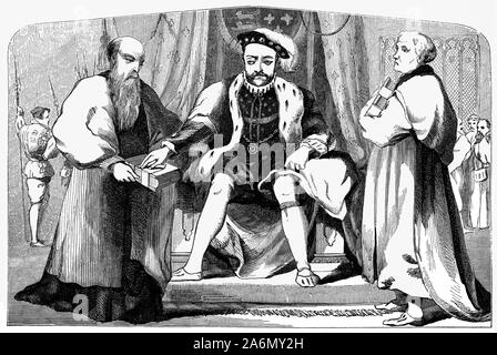 König Heinrich VIII. Liefert die große Bibel von 1539 an Cranmer und Cromwell. Es war die erste autorisierte Ausgabe der Bibel in englischer Sprache, die von König Heinrich VIII. Von England autorisiert wurde, in den Gottesdiensten der Kirche von England laut vorgelesen zu werden. Die große Bibel wurde von Myles Coverdale vorbereitet, der im auftrag von Thomas, Lord Cromwell, Sekretär von Heinrich VIII. Und Generalvikar arbeitete. 1538 wies Cromwell den Klerus an, "ein Buch der bibel des größten Bandes auf Englisch und das gleiche an einem günstigen Ort innerhalb der Kirche zu liefern." Stockfoto