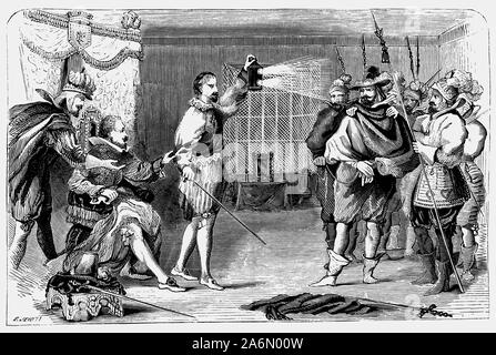 Guy Fawkes (1570 - 1606), war ein Mitglied einer Gruppe von provinziellen englischen Katholiken, die den fehlgeschlagenen Gunpowder Plot von 1605 geplant. Wenn entdeckte er seine Absicht, das House of Lords zu blasen zugelassen, und bedauerte sein Versäumnis, dies zu tun und sofort zum Palast, wo seine unerschütterliche Weise brachte ihm die Bewunderung von König James I., der fawkes als besitzende" ein römischer Resolution' beschrieben. James's Bewunderung jedoch nicht, ihn von der Bestellung am 6. November verhindern, dass "John Johnson" gefoltert, die Namen seiner Mitverschwörer zu offenbaren. Stockfoto