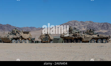 Us-Marines mit dem kommandierenden General springen Platoon, 2. Light Armored Reconnaissance Battalion, 2nd Marine Division (2d MARDIV) bereiten einen Konvoi im Camp Wilson, Marine Corps Air Ground Combat Center, Twentynine Palms, Kalifornien, 26. Oktober, 2019. Der Sprung Platoon Marines haben die Aufgabe, Sicherheit und Transport für den kommandierenden General während der magtf Warfighting Übung (Mwx) 1-20. MWX wird eingestellt, um die größte übung sein, die mit der 2D-MARDIV in mehreren Jahrzehnten durchgeführt. (U.S. Marine Corps Foto von Pfc. Patrick König) Stockfoto