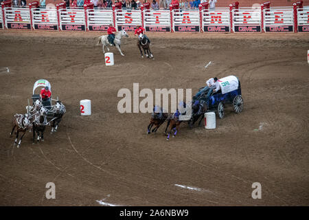 GMC Rangeland Derby Chuckwagon Racing bei der Calgary Stampede Tribüne, Calgary, Alberta, Kanada. Juli 9th, 2019. Stockfoto