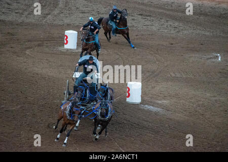 GMC Rangeland Derby Chuckwagon Racing bei der Calgary Stampede Tribüne, Calgary, Alberta, Kanada. Juli 9th, 2019. Stockfoto