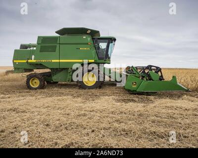 Polk City, Iowa, USA. 27 Okt, 2019. AARON LEHMAN, Präsident der Iowa Farmers Union, Ernten organischen Sojabohnen auf seiner Farm in der Nähe von Polk City, Iowa. Iowa Landwirte haben die Wochen hinter dem Zeitplan durch die meisten der 2019 Saison. Ein kalter, nasser Frühling über die meisten staatlichen verzögerten Aussaat von ca. 2 Wochen. Ein historisch nassen Oktober hat die Ernte von Sojabohnen und Mais von bis zu 3 Wochen geschoben. Lehman sagte, hat er zwei Wochen hinter auf seinem Soja-ernte weiter hinter auf Mais. Die USDA sagten über 30% der Sojabohnen geerntet worden sind, und nur 15% der Mais geerntet. Stockfoto