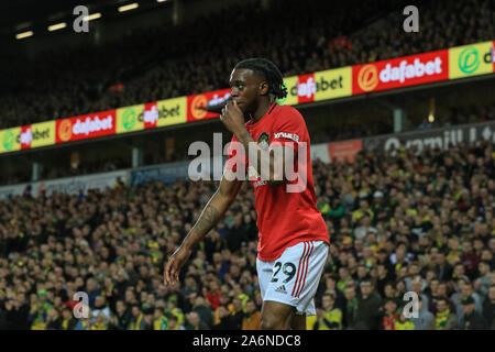 27. Oktober 2019, Carrow Road, Norwich, England, Premier League, Norwich City v Manchester United: Aaron Wan-Bissaka (29) von Manchester United Quelle: Mark Cosgrove/News Bilder Stockfoto