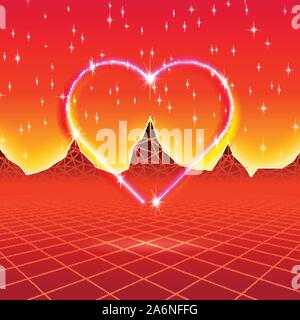 80s Retro-futuristischen Karte mit neon Herz in der Welt der Computer eingerichtet Stock Vektor