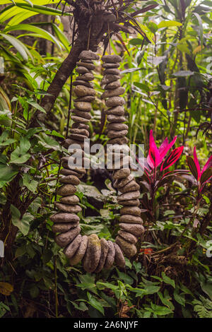 Steine auf einem Seil wie Perlen für einen Baum, in Ubud, Indonesien aufgereiht Stockfoto