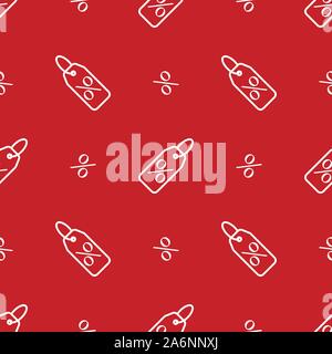 Line Art vector nahtlose Muster mit weißen Rabatt Tag Symbol und Prozent Symbol auf dem roten Hintergrund. Stock Vektor