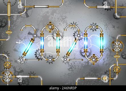 Nummer zwei Tausend und zwanzigsten Jahr des LED-Lampen mit Blitzen auf grauem industrial Hintergrund. Steampunk Stil. Stock Vektor
