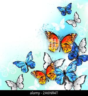 Herde von Blau, Orange und Weiß realistische Schmetterlinge auf weißem Hintergrund mit Grün und Türkis Flecken. Stock Vektor