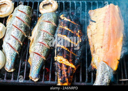 Frische Forellen vom Grill direkt aus dem Wasser genommen Stockfoto