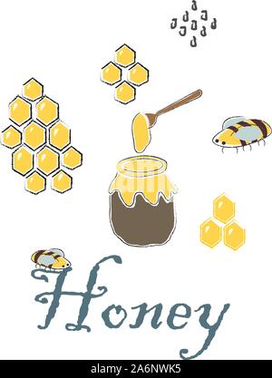 Cute nahtlose Muster mit Honig und Bienen. Skandinavischer Hand gezeichneten Stil. Vector Illustration Stock Vektor