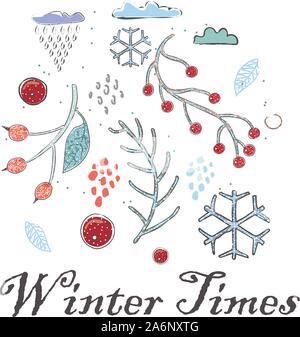 Cute Winter Symbol mit Winter Beeren, Wolken und Schneeflocken. Hand gezeichnet, im skandinavischen Stil. Vector Illustration Stock Vektor