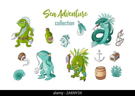 Sea Adventure cartoon Figuren und Objekte Sammlung Vector Icons einstellen Stock Vektor