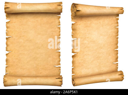 Zwei alte Papier Manuskripte. Papyrusrolle vertikal ausgerichtet auf weißem Hintergrund. Stockfoto