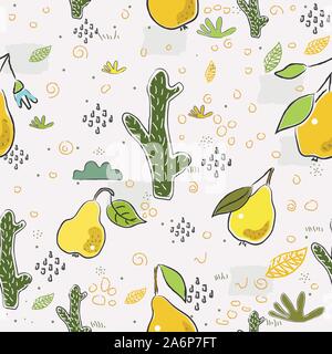 Nahtlose Muster mit Hand gezeichnet Kakteen und Obst (Banane). Hand gezeichnet, im skandinavischen Stil. Vector Illustration Stock Vektor