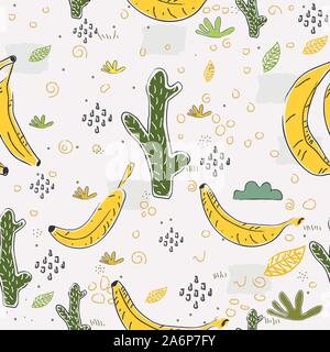 Nahtlose Muster mit Hand gezeichnet Kakteen und Obst (Banane). Hand gezeichnet, im skandinavischen Stil. Vector Illustration Stock Vektor