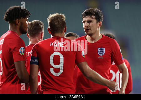Sofia, Bulgarien - 14. Oktober 2019: England feiert ihr 6. Ziel gegen Bulgarien zählen während Bulgarien vs England match Teil 2020 E Stockfoto
