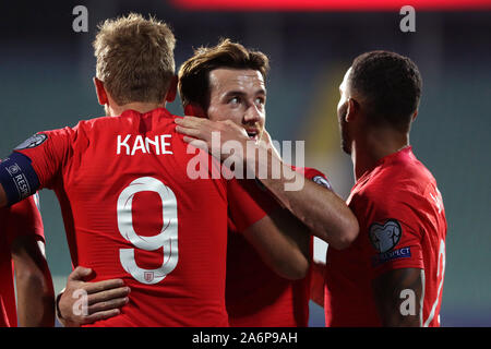 Sofia, Bulgarien - 14. Oktober 2019: England feiert ihr 6. Ziel gegen Bulgarien zählen während Bulgarien vs England match Teil 2020 E Stockfoto