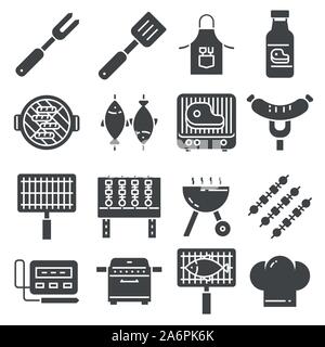 Grill BBQ Vector Icons. Steaks, Spareribs, Lagerfeuer, Gas. Stock Vektor