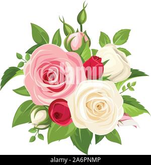 Vektor Bouquet von roten, rosa und weißen Rosen und Knospen auf einem weißen Hintergrund. Stock Vektor