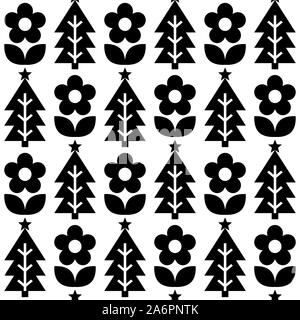 Süße repetitive Nordic Weihnachten Volkskunst Vektor nahtlose Muster, monochrome cute festliche Skandinavisches Design mit Blumen und Weihnachtsbäume. Weihnachten Stock Vektor