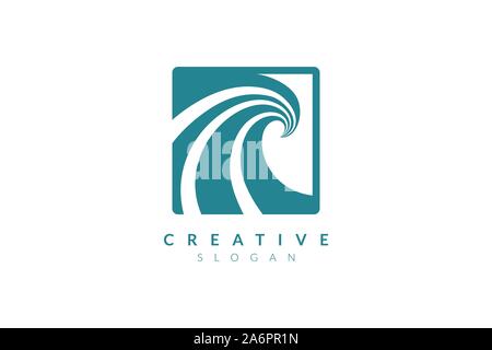 Sea Wave Logo Design mit einem Kasten auf der Außenseite. Minimalistisches und modernes Vector Illustration Design passend für Business oder Gesundheitswesen Marken. Stock Vektor