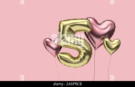 Happy 5th Birthday Party Feier Luftballons mit Herzen. 3D-Rendering Stockfoto