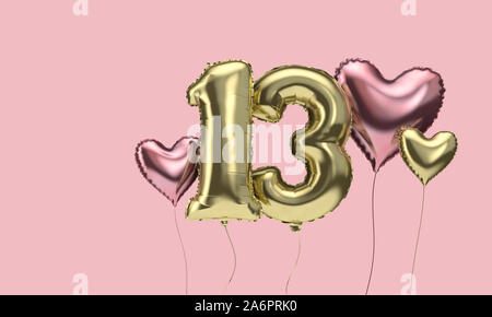 Happy 13 Birthday Party Feier Luftballons mit Herzen. 3D-Rendering Stockfoto