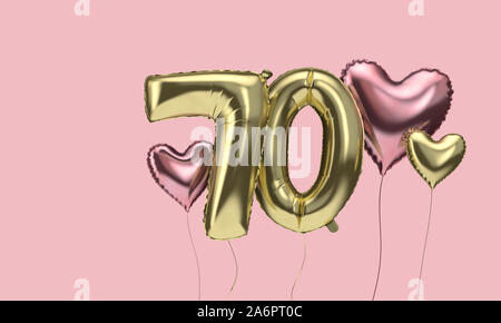Happy 70th birthday Party Feier Luftballons mit Herzen. 3D-Rendering Stockfoto