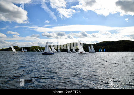 Auf dem Essener Baldeneysee Sindh, bei windigem Wetter, viele Segler unterwegs. Stockfoto