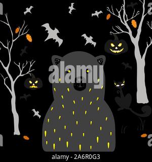 Erschreckend schwarzer Bär mit gelben Augen, leeren Sockel eyed Katze und Kürbisse mit glühenden Augen für Halloween Themen. Vector Illustration Stock Vektor