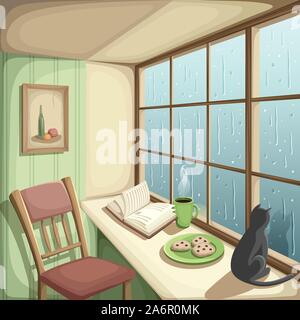 Vector Illustration einer gemütliche Zimmer und Regen außerhalb der großen Fenster. Stock Vektor