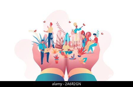 Große Hände von Boss halten der kleinen Leute. Metapher der Büro Menschen unter Schutz von Leader. Sicherheit am Arbeitsplatz Konzept, Pflege, entspannte Atmosphäre, Vergünstigungen Stock Vektor