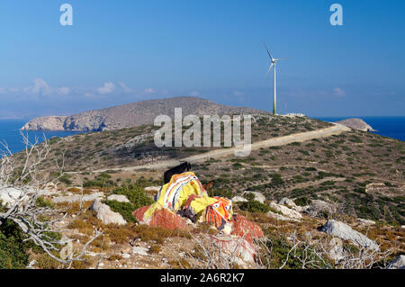 Windturbine, Tilos, Dodekanes Inseln, Südägäis, Griechenland. Stockfoto