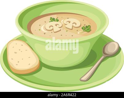 Vektor Pilz Cremesuppe in einem grünen Platte auf einem weißen Hintergrund. Stock Vektor