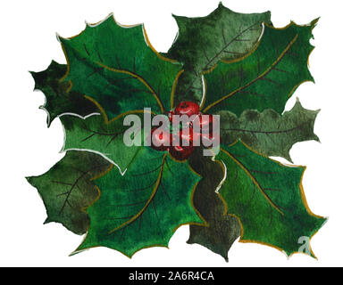 Weihnachten Holly mit roten Beeren Aquarell Hintergrund Stockfoto