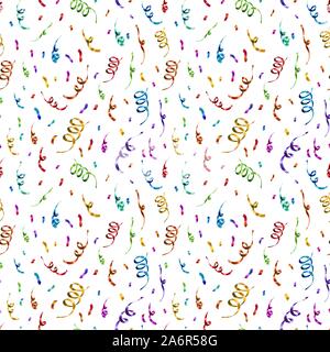 Leuchtend bunte Konfetti und Serpentine auf weißem Hintergrund, Jubiläumsfeier nahtlose Muster Stock Vektor