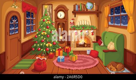 Vector Illustration von Weihnachten Wohnzimmer mit Sofa, Kamin, Uhr und Tannen. Stock Vektor